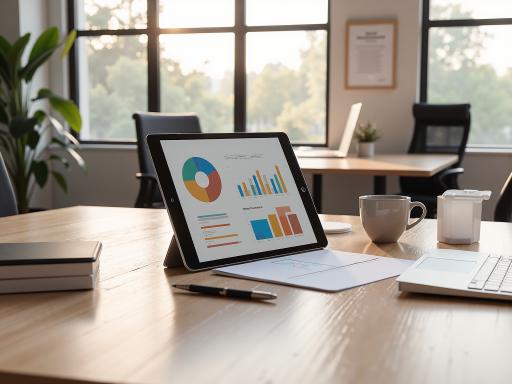 现代化办公场景，员工使用平板电脑查看数据，会议室背景，专业商务氛围